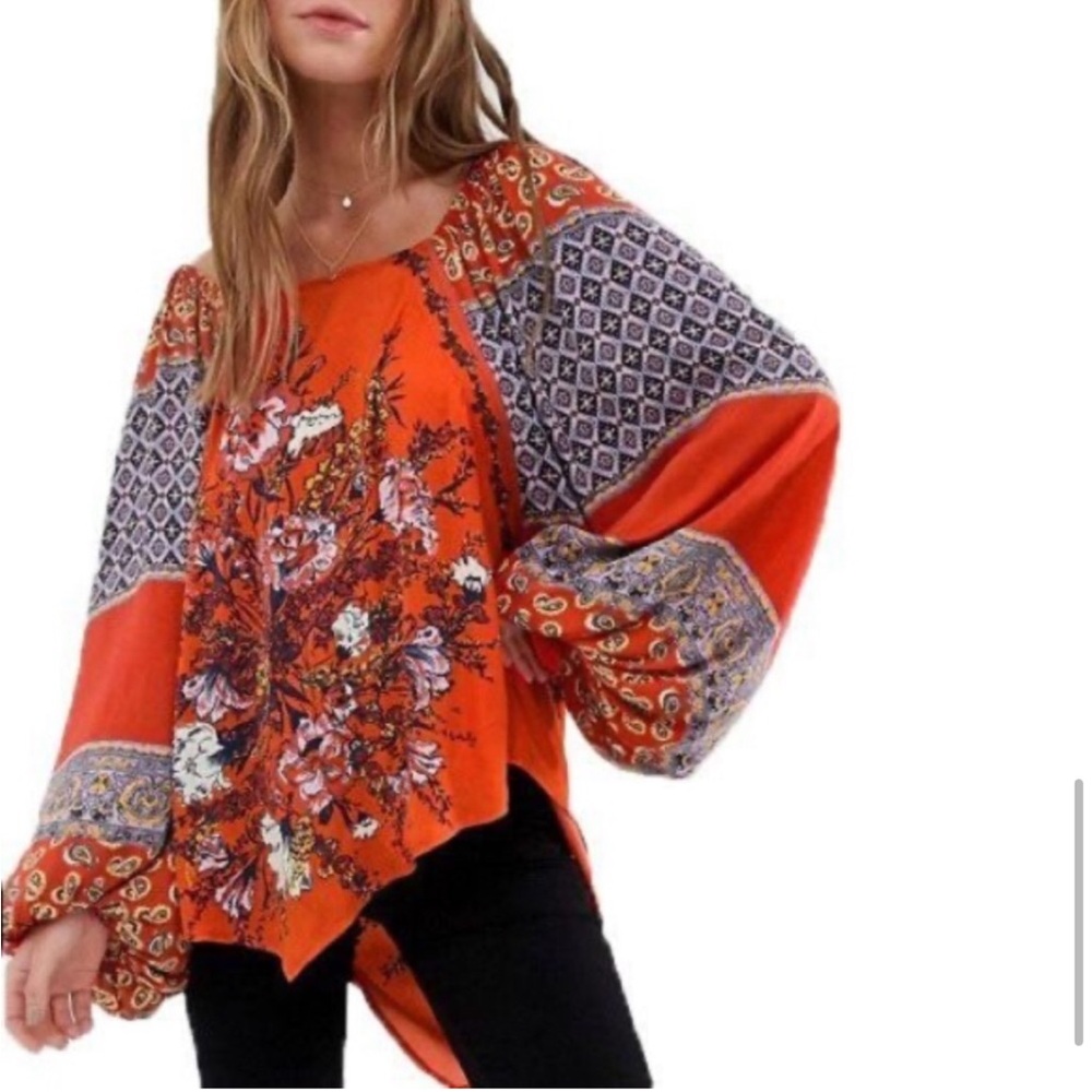Free People Positano Boho Printed Floral Balloon Sleeve Blouse Top Size Small - Picture 8 of 14